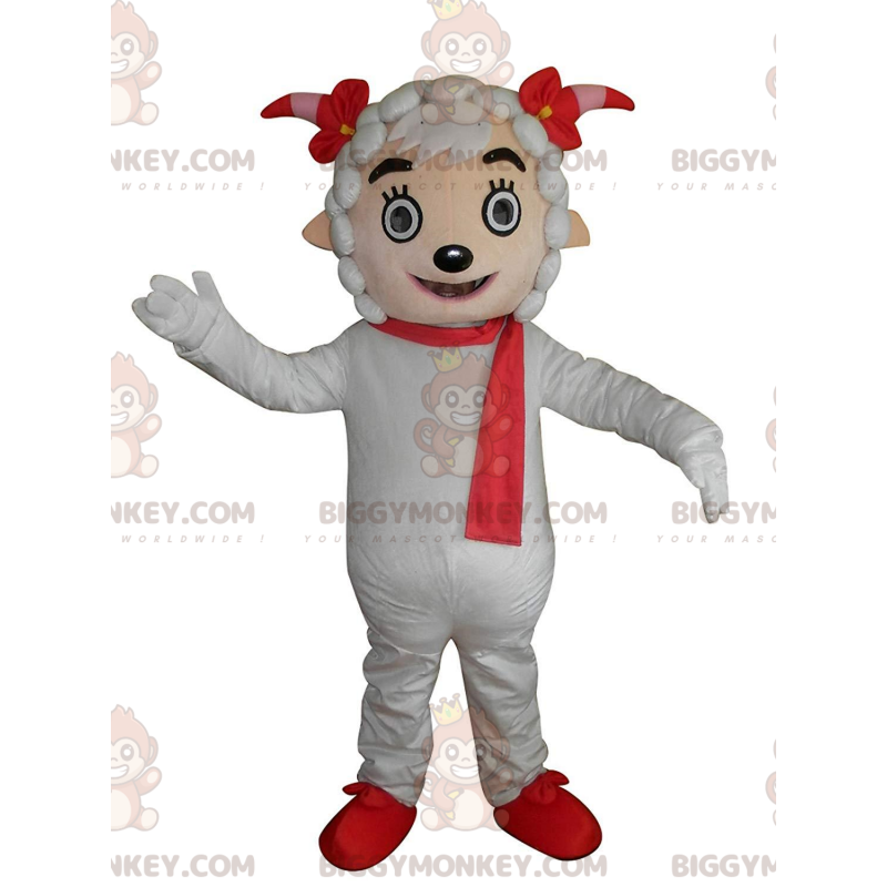 Traje de mascote BIGGYMONKEY™ Ovelha branca com lenço vermelho Traje de mascote BIGGYMONKEY™ Ovelha branca com lenço vermelho