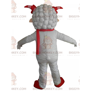 BIGGYMONKEY™ maskottiasu, valkoinen lammas punaisella huivilla ja sarvilla - Lampaat maskotit - BiggyMonkey.com