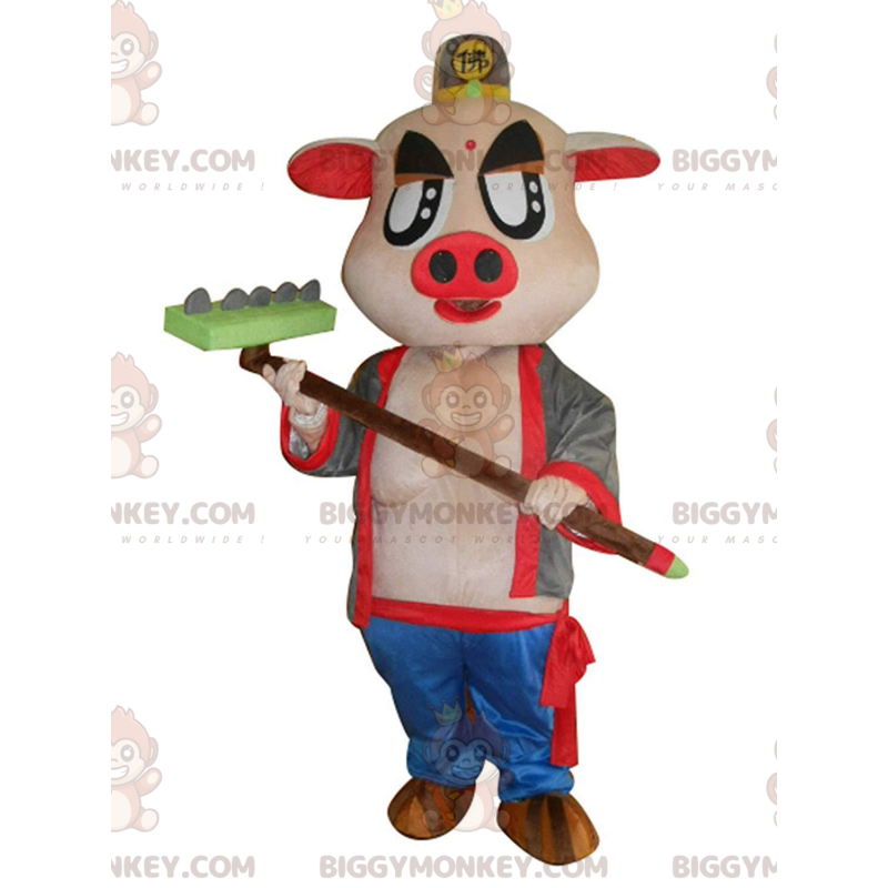 Very original pink pig BIGGYMONKEY™ mascot costume with a rake