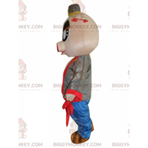 Very original pink pig BIGGYMONKEY™ mascot costume with a rake