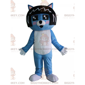 Blue cat BIGGYMONKEY™ mascot costume with black wig on head -