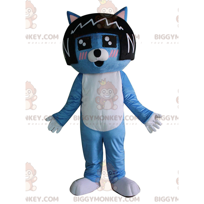 Costume de mascotte BIGGYMONKEY™ de chat bleu avec une perruque Costume de mascotte BIGGYMONKEY™ de chat bleu avec une perruque