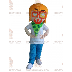 BIGGYMONKEY™ mascot costume boy, young man with orange glasses