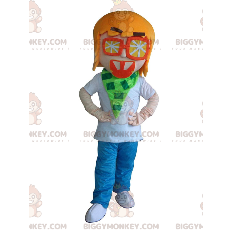 BIGGYMONKEY™ mascot costume boy, young man with orange glasses