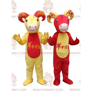 2 BIGGYMONKEY™s mascot red and yellow goats, goat costumes -