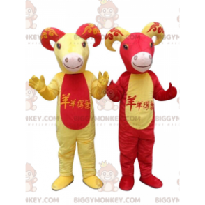 2 BIGGYMONKEY™s mascot red and yellow goats, goat costumes –
