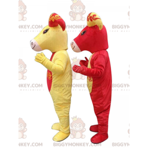 2 czerwone i żółte kozy BIGGYMONKEY™, kostiumy kozy -