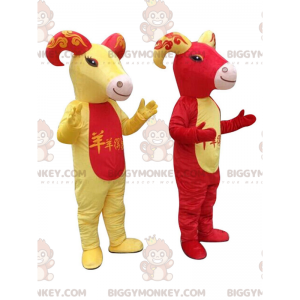 2 BIGGYMONKEY™s mascot red and yellow goats, goat costumes –