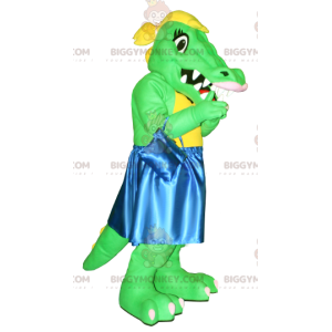 Grøn og gul krokodille BIGGYMONKEY™ maskotkostume med blå kjole
