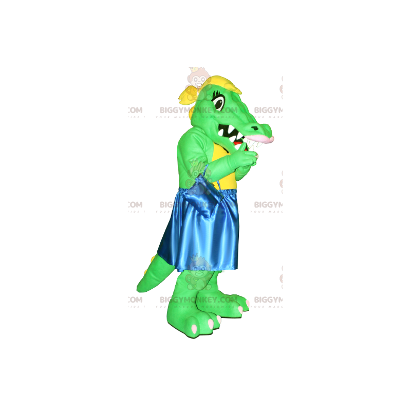 Πράσινη και κίτρινη στολή μασκότ BIGGYMONKEY™ Crocodile με μπλε φόρεμα - Μασκότ κροκόδειλου - BiggyMonkey.com