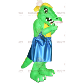 Πράσινη και κίτρινη στολή μασκότ BIGGYMONKEY™ Crocodile με μπλε φόρεμα - Μασκότ κροκόδειλου - BiggyMonkey.com