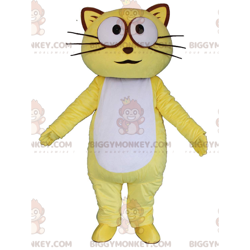 Disfraz de mascota BIGGYMONKEY™ gato amarillo y blanco, disfraz Disfraz de mascota BIGGYMONKEY™ gato amarillo y blanco, disfraz
