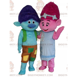 Duo de mascottes BIGGYMONKEY™ de trolls colorés, un garçon bleu