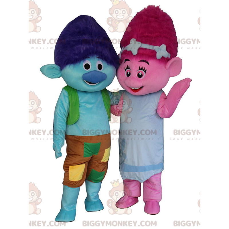2 färgglada trollmaskot BIGGYMONKEY™s, en blå pojke och en rosa