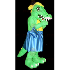 Πράσινη και κίτρινη στολή μασκότ BIGGYMONKEY™ Crocodile με μπλε φόρεμα - Μασκότ κροκόδειλου - BiggyMonkey.com