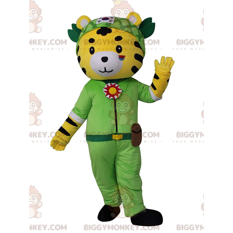 Traje de mascote BIGGYMONKEY™ Tigre amarelo, branco e preto com Traje de mascote BIGGYMONKEY™ Tigre amarelo, branco e preto com