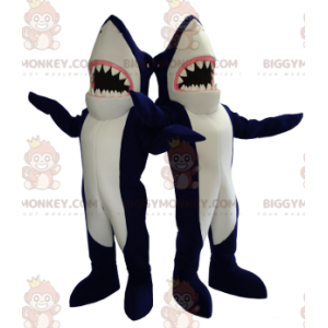 2 BIGGYMONKEY™s mascotte gigantische blauwe en witte haaien -