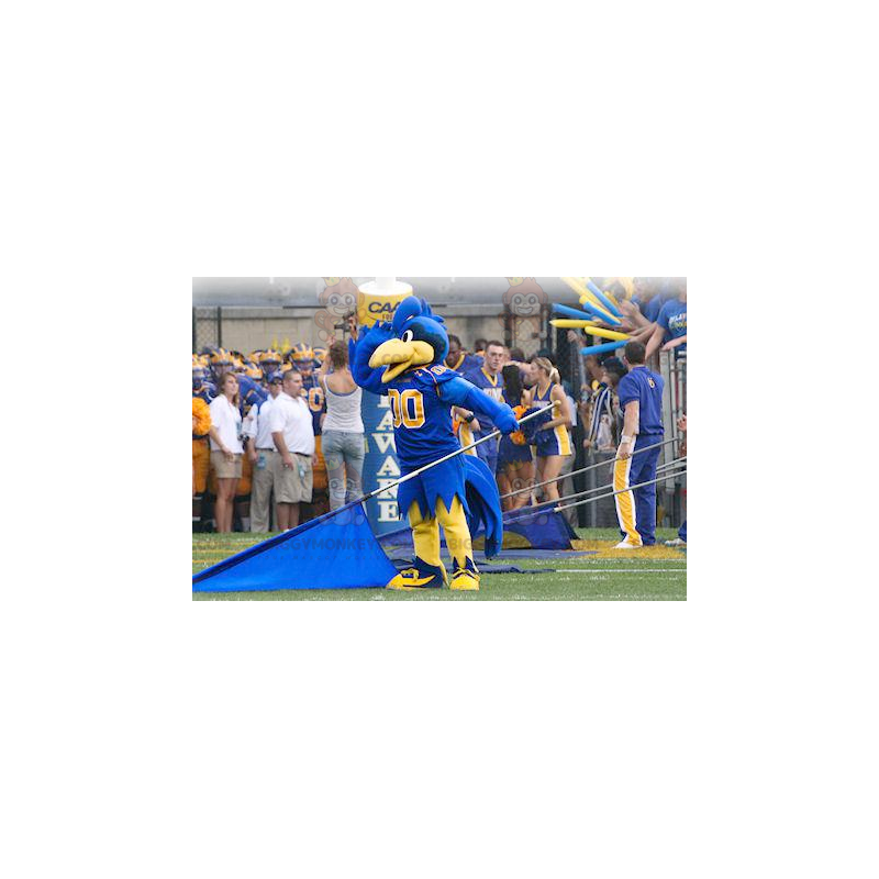 Traje esportivo de mascote azul e amarelo pássaro BIGGYMONKEY™ Traje esportivo de mascote azul e amarelo pássaro BIGGYMONKEY™