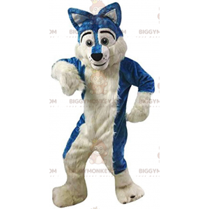 BIGGYMONKEY™ maskotdräkt blå och vit hund, plysch huskydräkt -