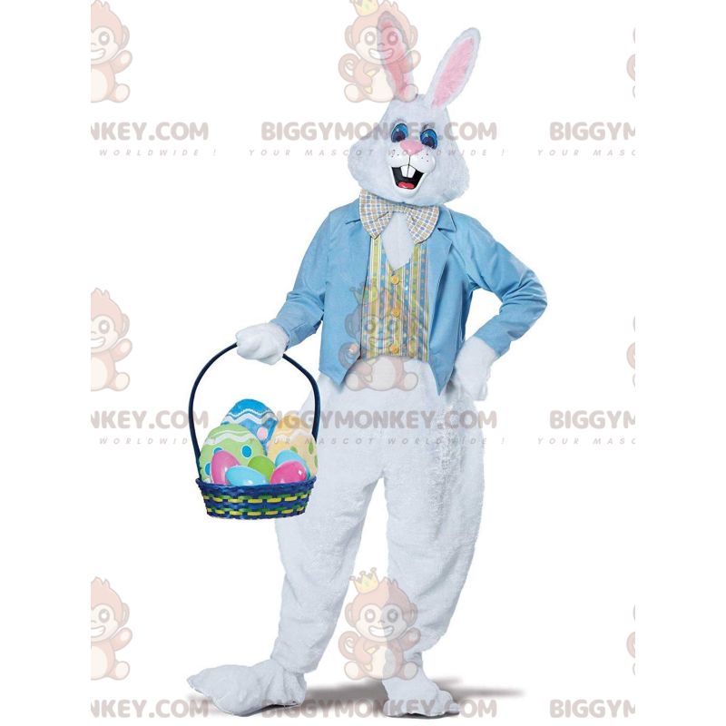 Kostým maskota bílého králíka BIGGYMONKEY™ s modrou vestou a