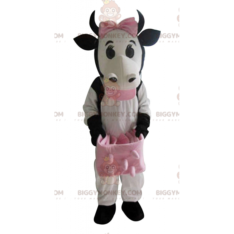 BIGGYMONKEY™ Mascot Costume White and Black Cow with Pink