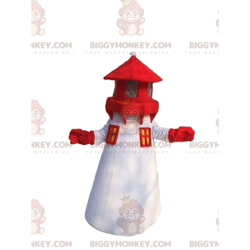 White and red lighthouse BIGGYMONKEY™ mascot costume, harbor