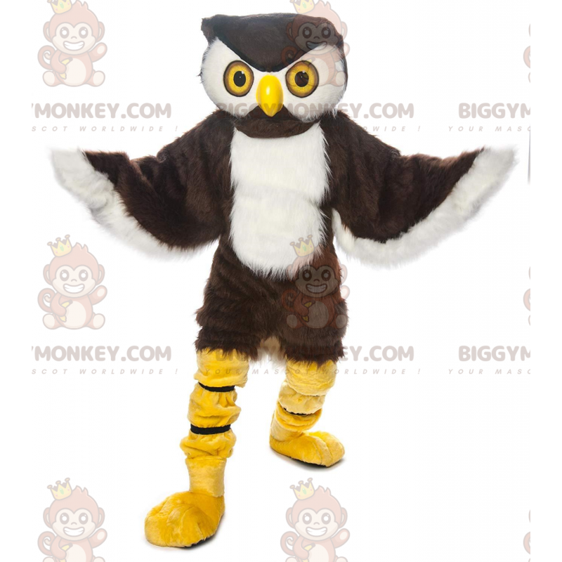 BIGGYMONKEY™ maskotdräkt av brun och vit uggla, nattfågeldräkt BIGGYMONKEY™ maskotdräkt av brun och vit uggla, nattfågeldräkt