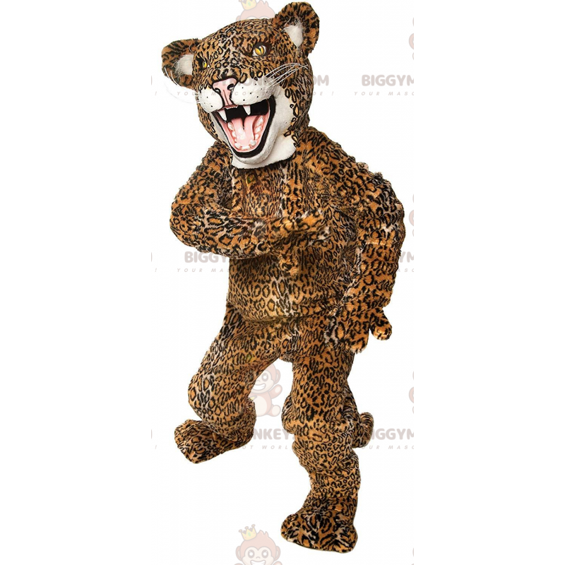 Traje de mascote BIGGYMONKEY™ Jaguar amarelo e preto, traje de Traje de mascote BIGGYMONKEY™ Jaguar amarelo e preto, traje de