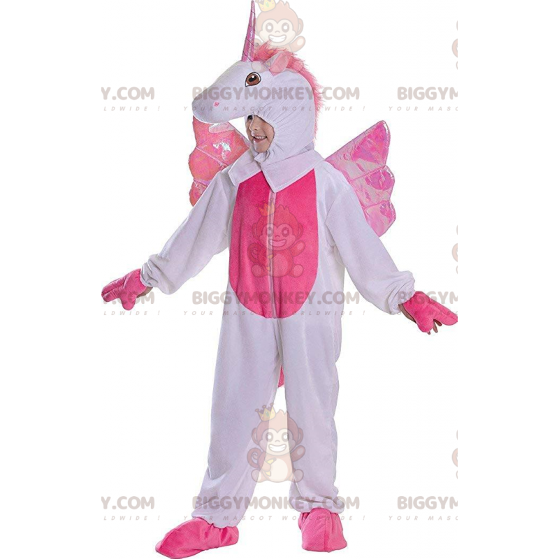 BIGGYMONKEY™ Einhorn-Maskottchen-Kostüm, weiß und rosa, 128 cm