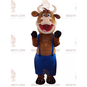 Ruskea lehmä BIGGYMONKEY™ maskottiasu sinisillä haalareilla -