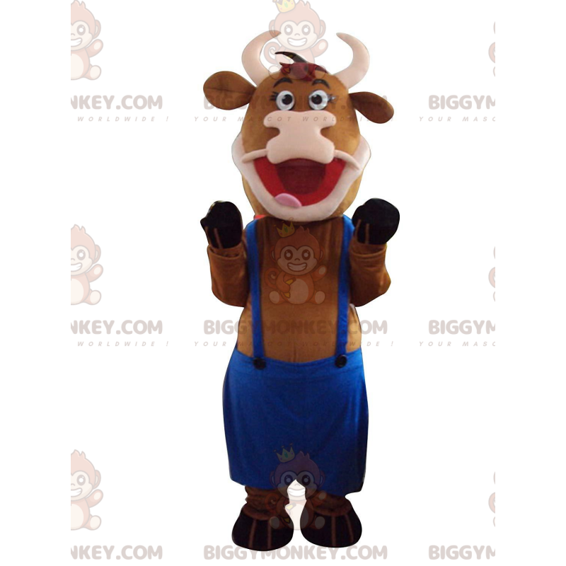 Brown Cow BIGGYMONKEY™ Mascot Costume With Blue Overalls -