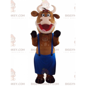 Στολή μασκότ BIGGYMONKEY™ καφέ αγελάδας με μπλε φόρμες -