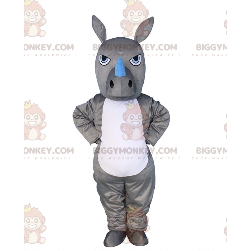 Costume de mascotte BIGGYMONKEY™ de rhinocéros gris et blanc Costume de mascotte BIGGYMONKEY™ de rhinocéros gris et blanc