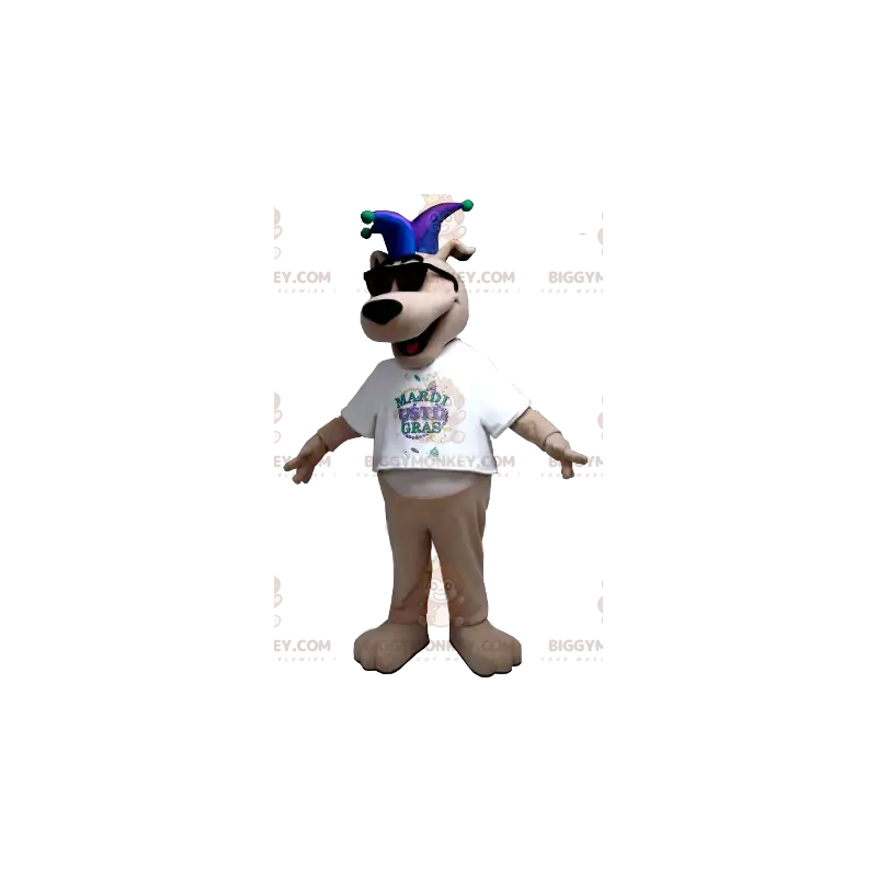 BIGGYMONKEY™ Maskottchenkostüm Beigefarbener Hund mit Narrenhut