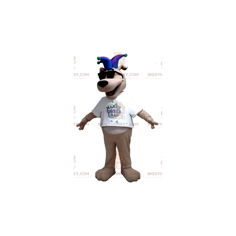 Costume de mascotte BIGGYMONKEY™ de chien beige avec un chapeau Costume de mascotte BIGGYMONKEY™ de chien beige avec un chapeau