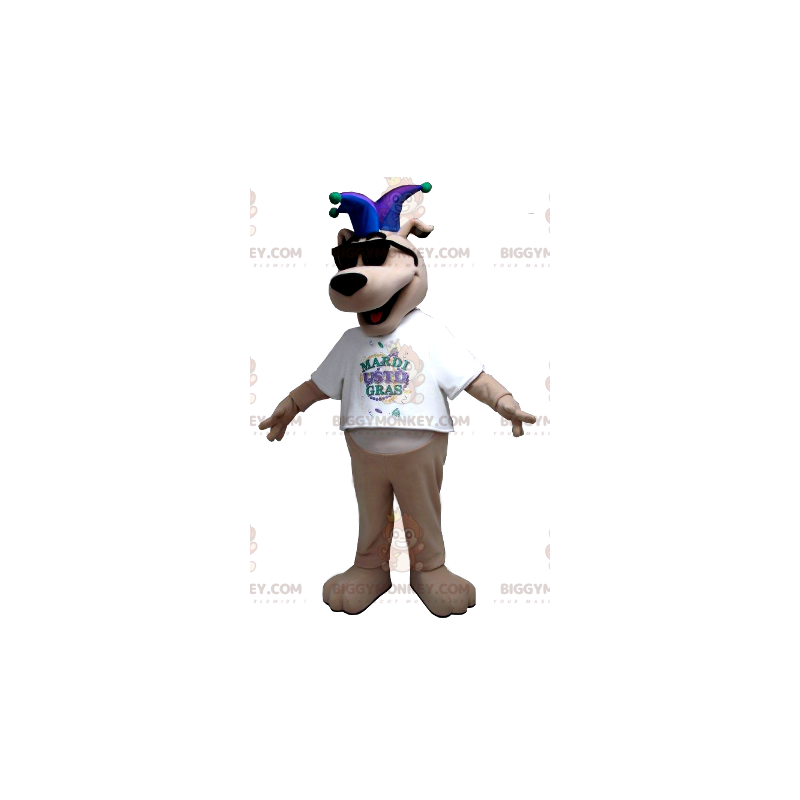 Kostým maskota BIGGYMONKEY™ Béžový pes s šaškovým kloboukem –