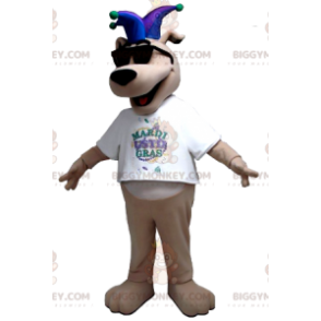 Kostým maskota BIGGYMONKEY™ Béžový pes s šaškovým kloboukem –