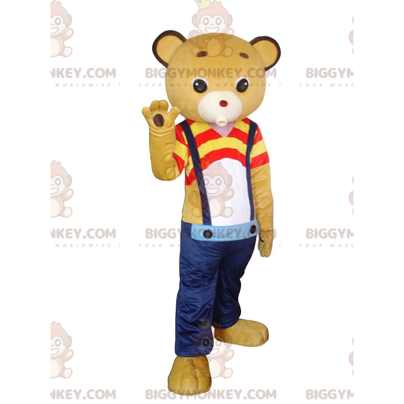 Costume de mascotte BIGGYMONKEY™ de nounours jaune avec un jean Costume de mascotte BIGGYMONKEY™ de nounours jaune avec un jean