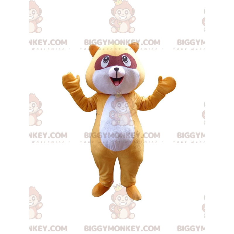 Traje de mascote de guaxinim amarelo BIGGYMONKEY™, fantasia de Traje de mascote de guaxinim amarelo BIGGYMONKEY™, fantasia de