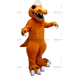 Kostým maskota BigGYMONKEY™ s oranžovým a bílým dinosaurem Big