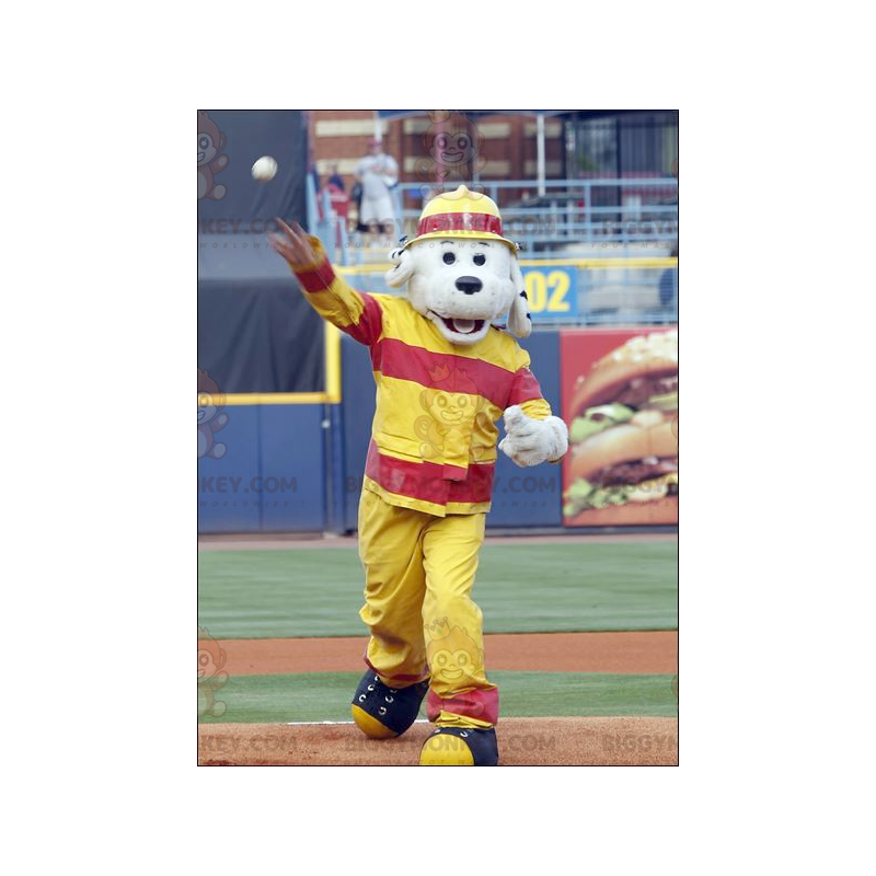 BIGGYMONKEY™ Mascot Costume Gray Dog Dressed In Firefighter
