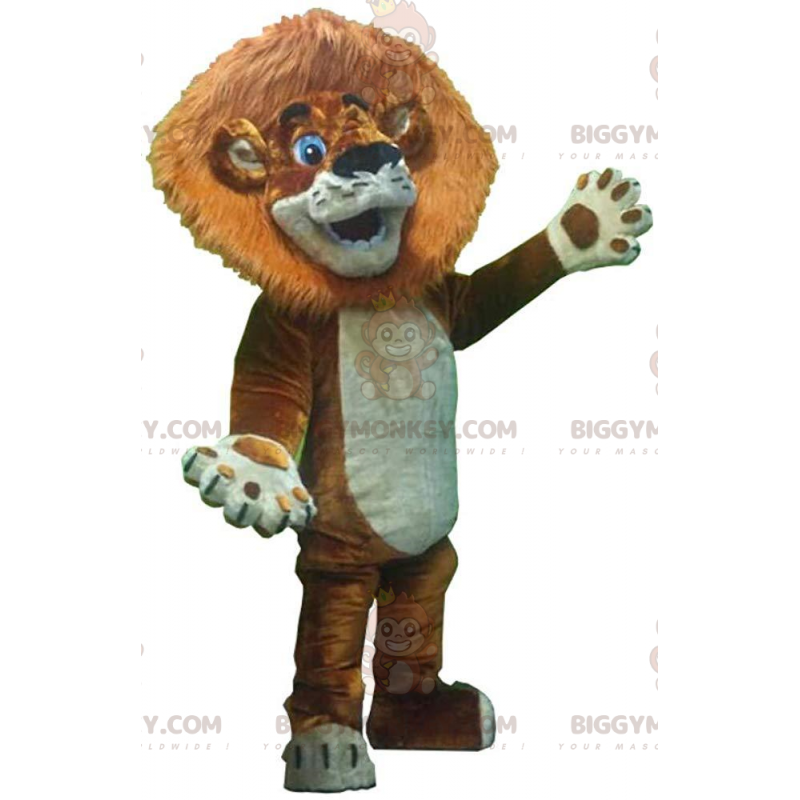 Leijonanpentu BIGGYMONKEY™ maskottiasu, jossa iso harja ja Leijonanpentu BIGGYMONKEY™ maskottiasu, jossa iso harja ja