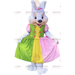 Rabbit BIGGYMONKEY™ mascot costume with colorful dress, bunny