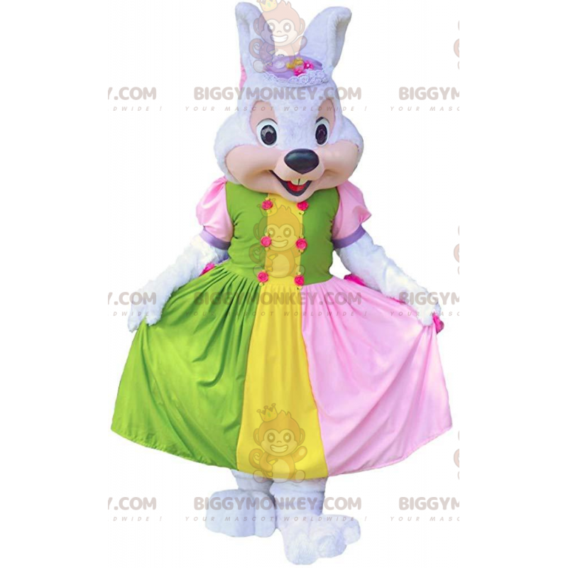 Στολή μασκότ Rabbit BIGGYMONKEY™ με πολύχρωμο φόρεμα, στολή λαγουδάκι - Μασκότ κουνελιού - BIGGYMONKEY_011311 - BiggyMonkey.com