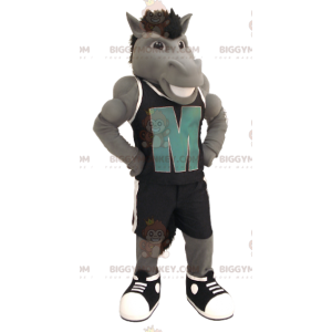 Traje de mascote BIGGYMONKEY™ Cavalo cinza com roupas