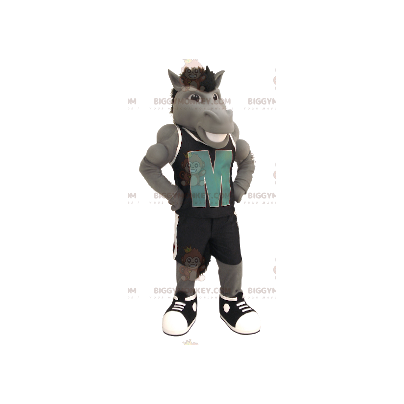 Costume de mascotte BIGGYMONKEY™ de cheval gris avec une tenue