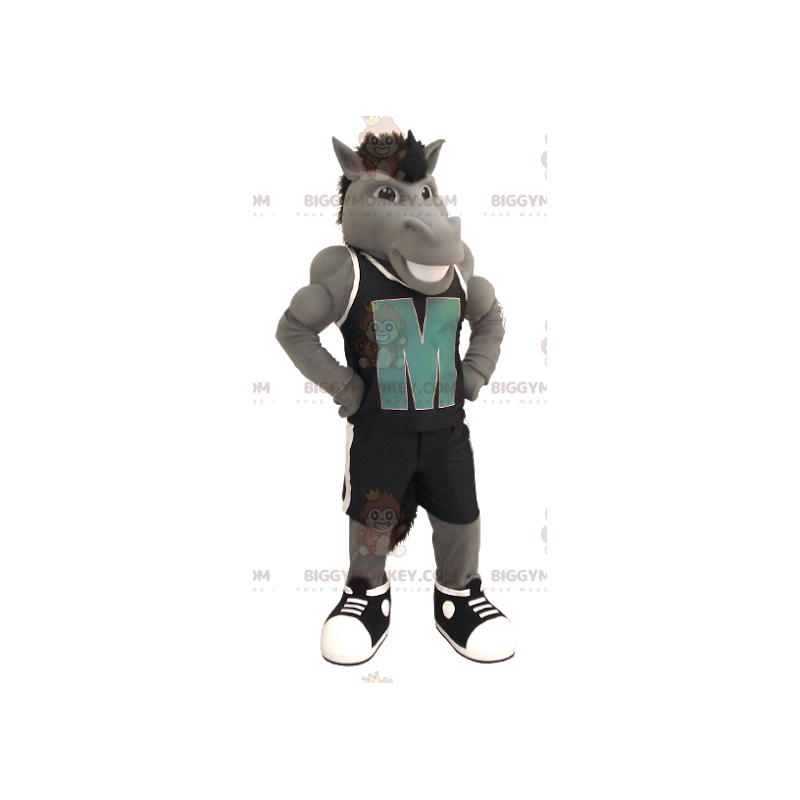 Traje de mascote BIGGYMONKEY™ Cavalo cinza com roupas Traje de mascote BIGGYMONKEY™ Cavalo cinza com roupas