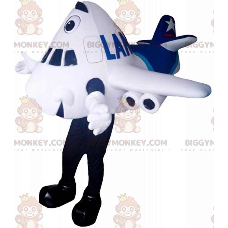 BIGGYMONKEY™ maskotdräkt av jättelikt vitt och blått flygplan