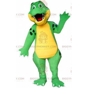 Traje de mascote BIGGYMONKEY™ de crocodilo verde e amarelo