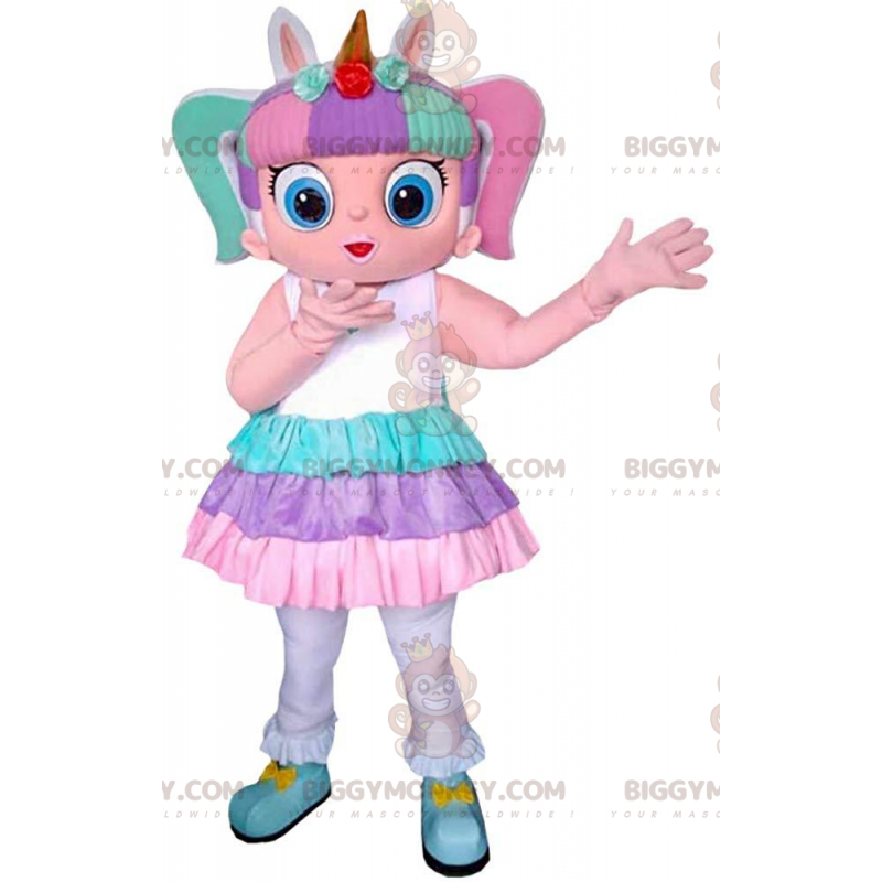 Costume de mascotte BIGGYMONKEY™ de fillette colorée, costume Costume de mascotte BIGGYMONKEY™ de fillette colorée, costume